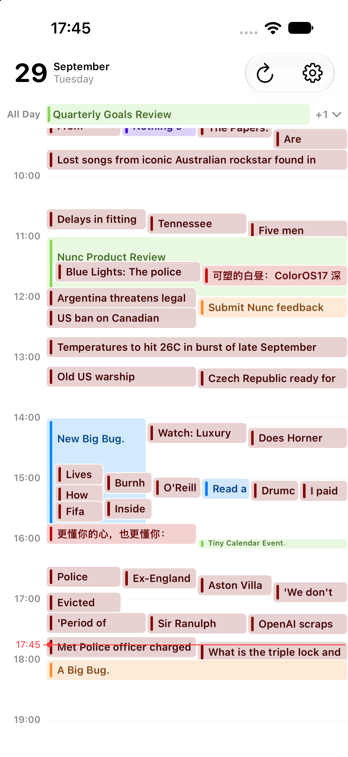 Nunc on iPhone and iPad: today in a calendar-style day view, shown on iPhone
