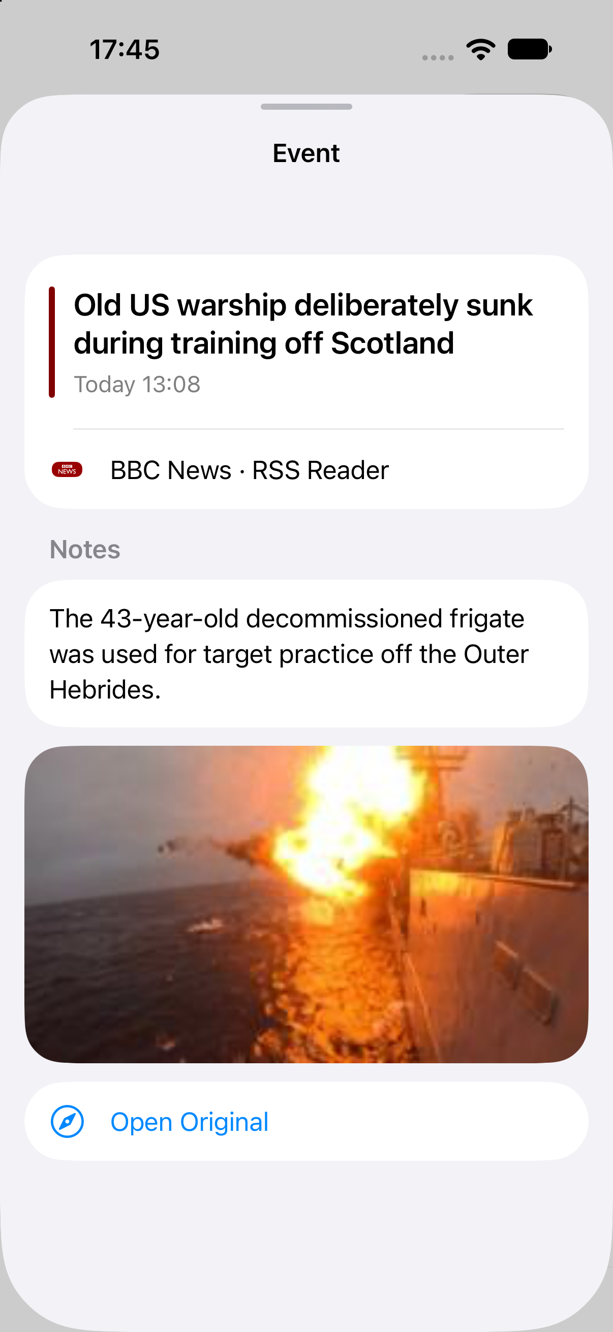 Nunc on iPhone and iPad: details for an RSS headline, shown on iPhone